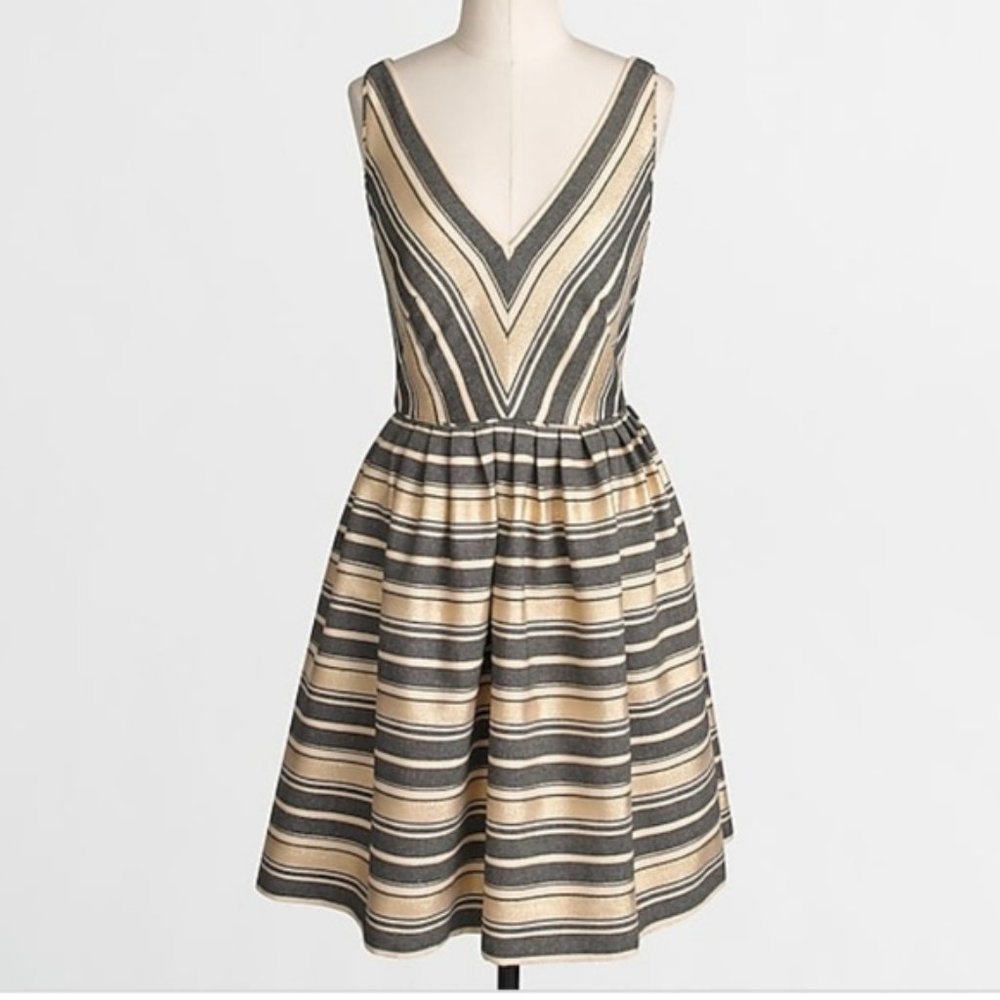 J. Crew Striped V-Neck Sleeveless Fit-and-Flare Dress in Black and Cream